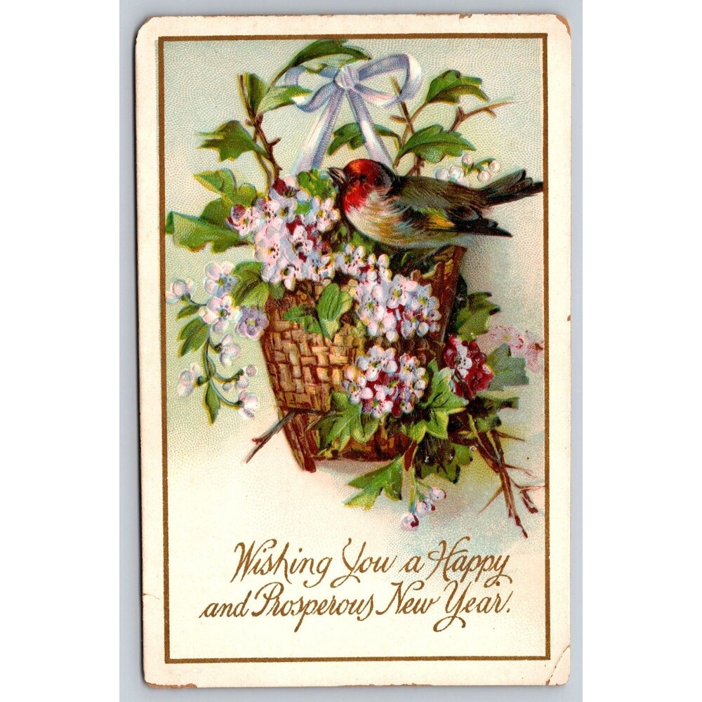 Antique Postcard New Year Happy Prosperous Flowers Bird Embossed c1910 Unposted